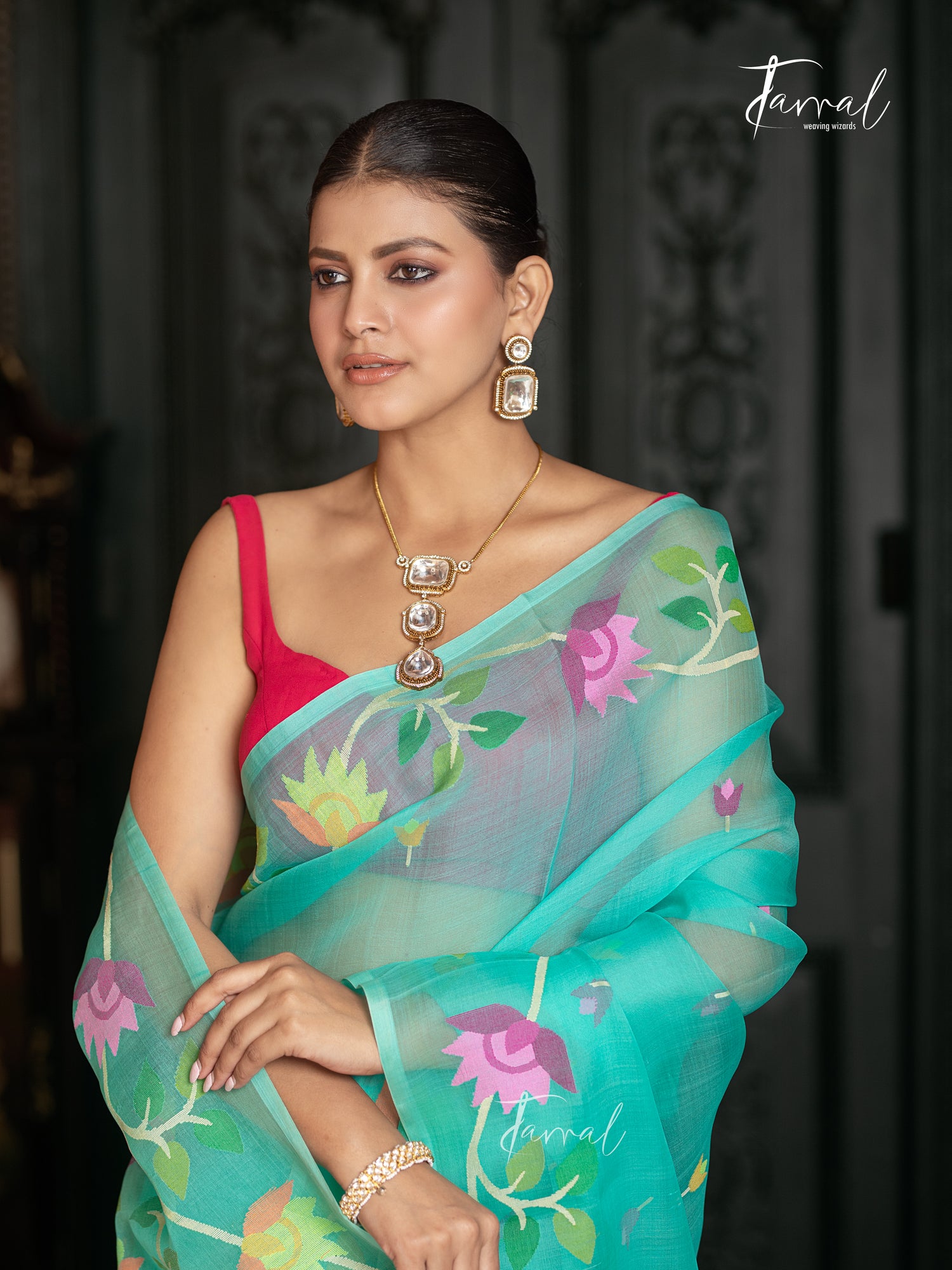 Sea Green With Floral Border Muslin Silk Handwoven Jamdani Saree