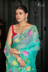 Sea Green With Floral Border Muslin Silk Handwoven Jamdani Saree
