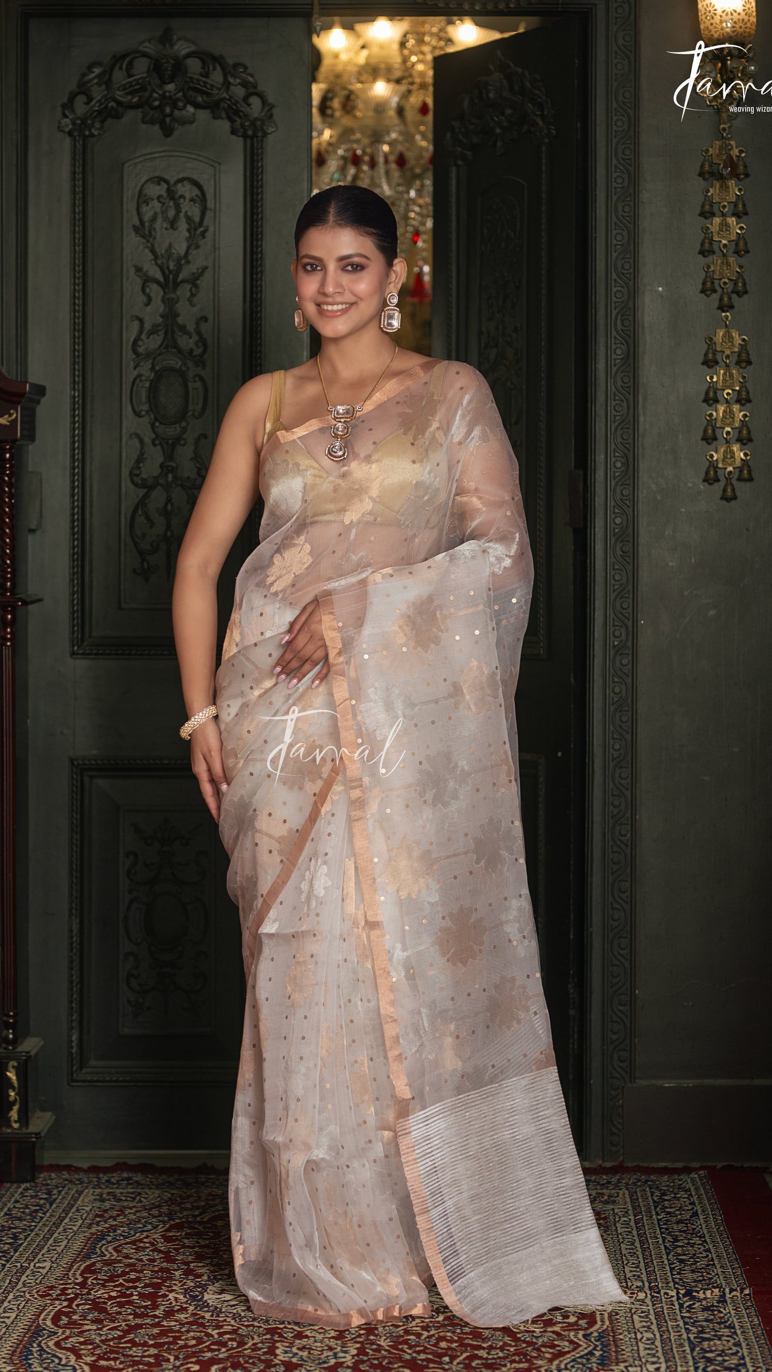 Offwhite Silver & Golden Floral Allover Sequins Handwoven Needlework Jamdani Saree