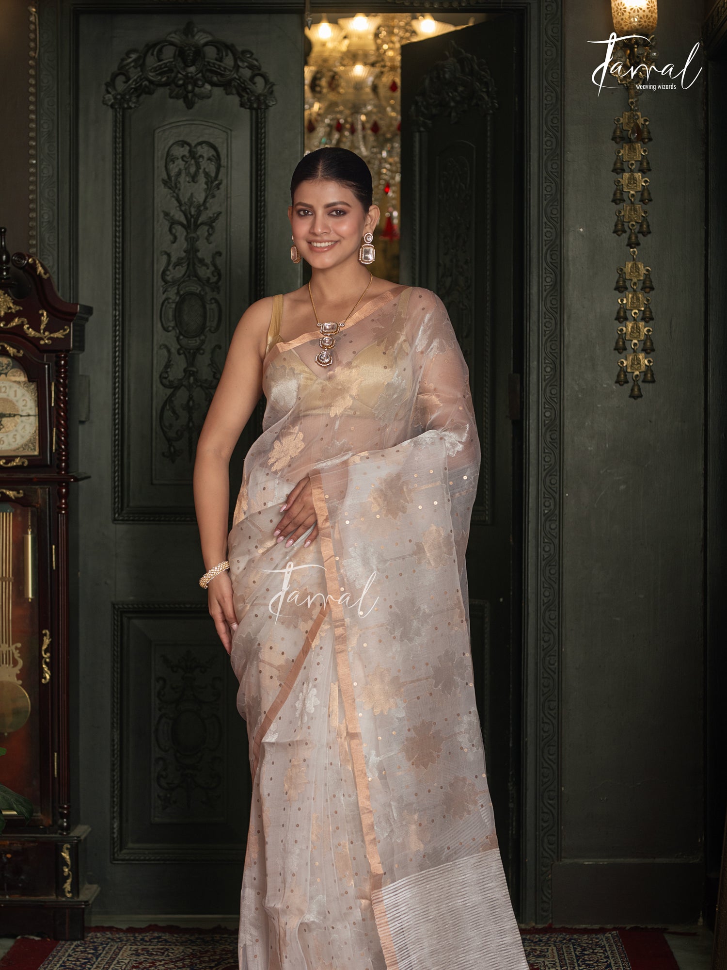 Offwhite Silver & Golden Floral Allover Sequins Handwoven Needlework Jamdani Saree