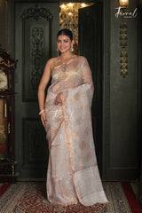 Offwhite Silver & Golden Floral Allover Sequins Handwoven Needlework Jamdani Saree