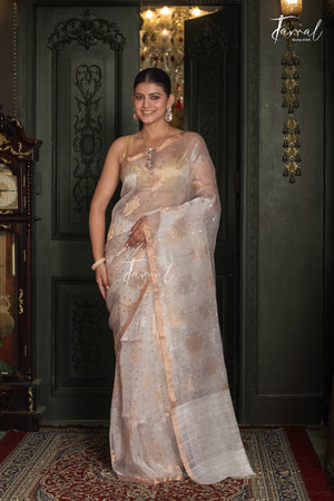 Offwhite Silver & Golden Floral Allover Sequins Handwoven Needlework Jamdani Saree