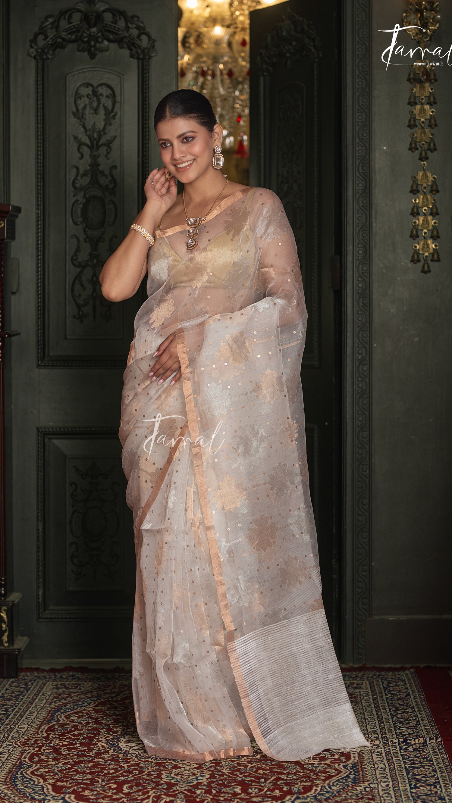 Offwhite Silver & Golden Floral Allover Sequins Handwoven Needlework Jamdani Saree
