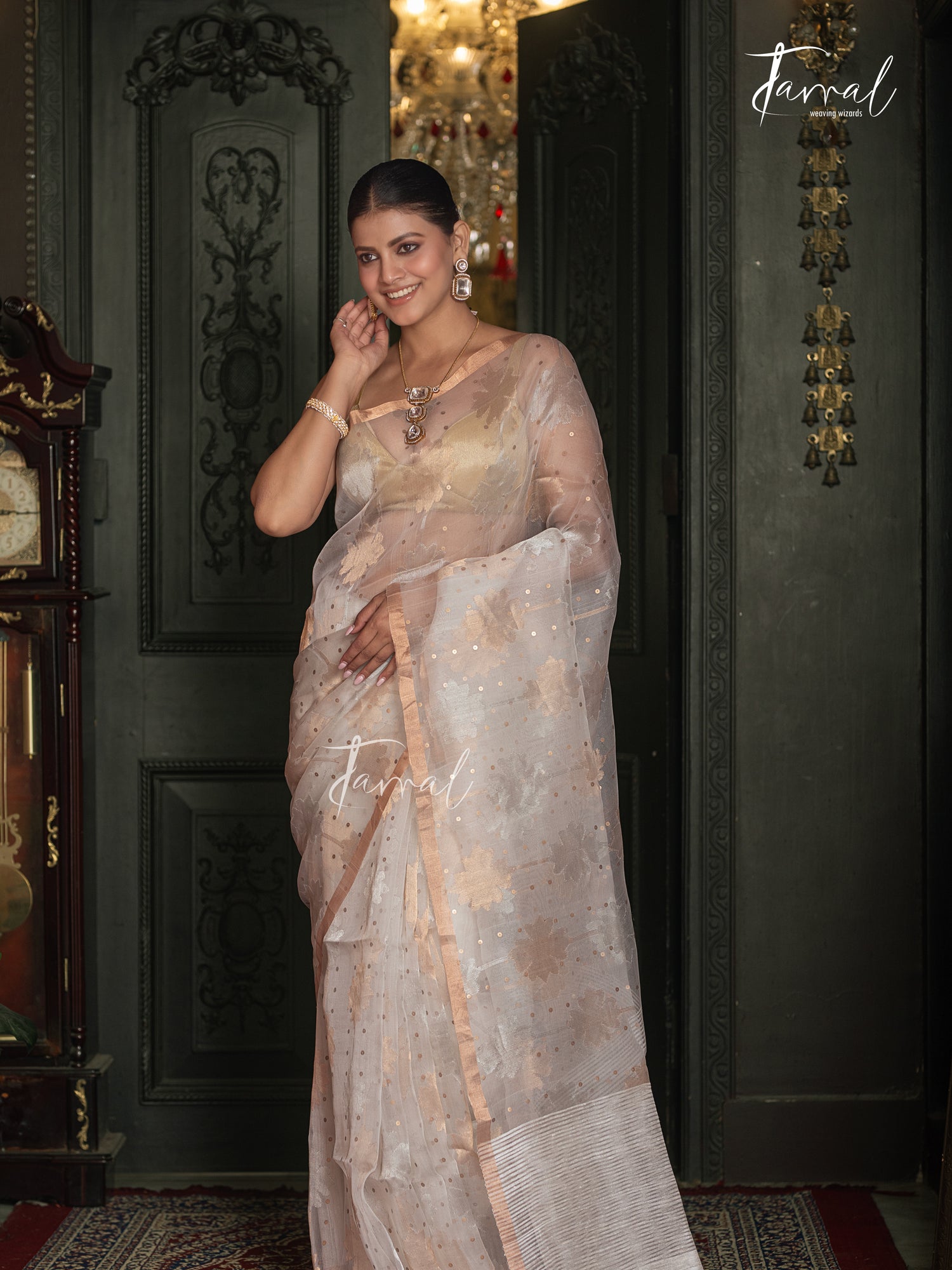 Offwhite Silver & Golden Floral Allover Sequins Handwoven Needlework Jamdani Saree