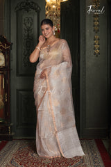 Offwhite Silver & Golden Floral Allover Sequins Handwoven Needlework Jamdani Saree
