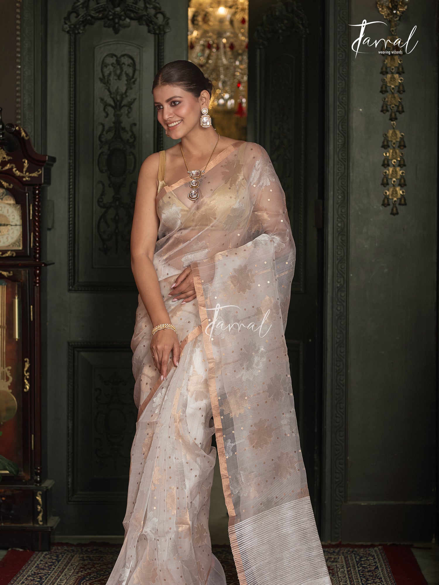 Offwhite Silver & Golden Floral Allover Sequins Handwoven Needlework Jamdani Saree