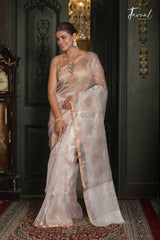 Offwhite Silver & Golden Floral Allover Sequins Handwoven Needlework Jamdani Saree