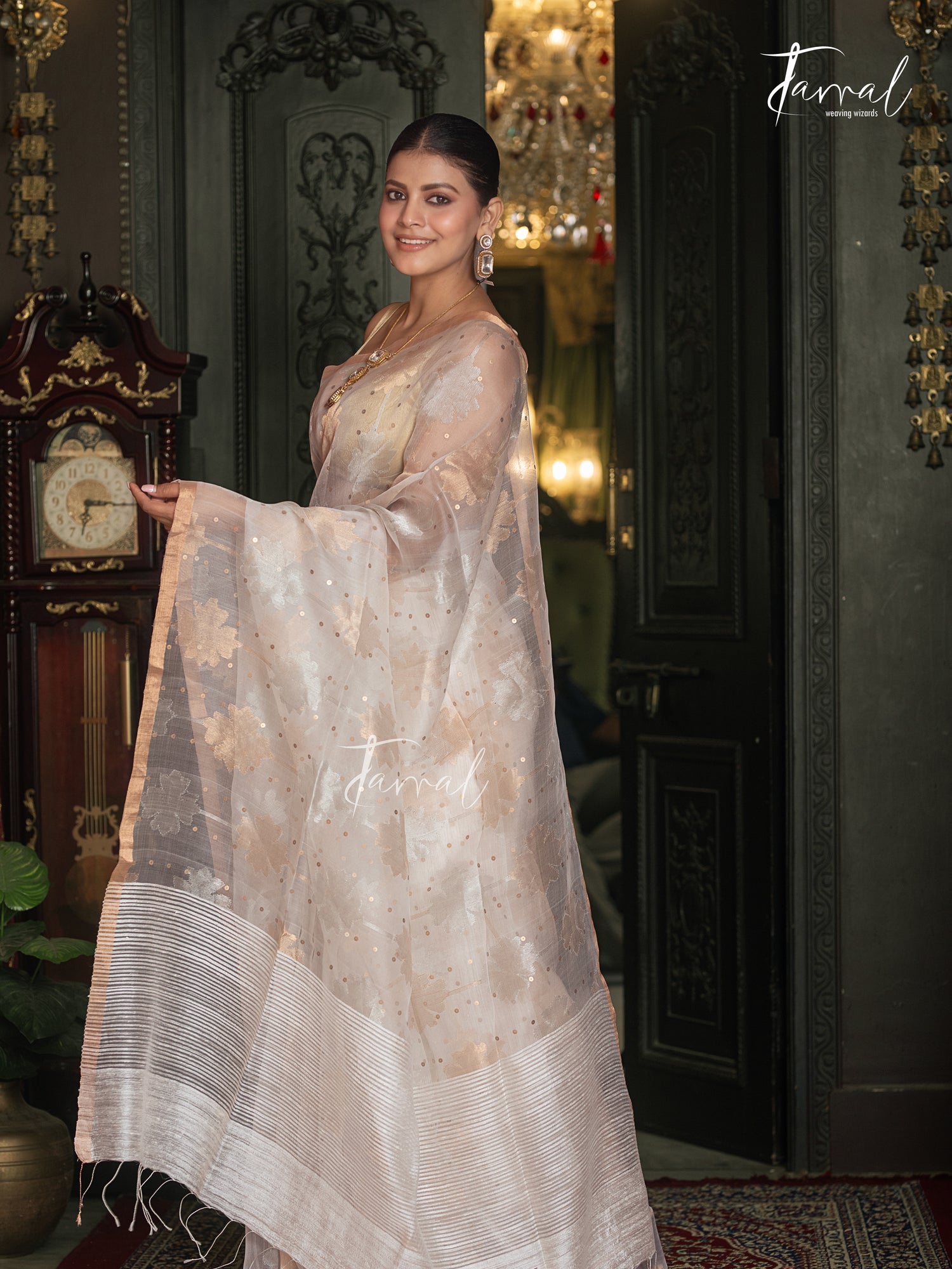 Offwhite Silver & Golden Floral Allover Sequins Handwoven Needlework Jamdani Saree