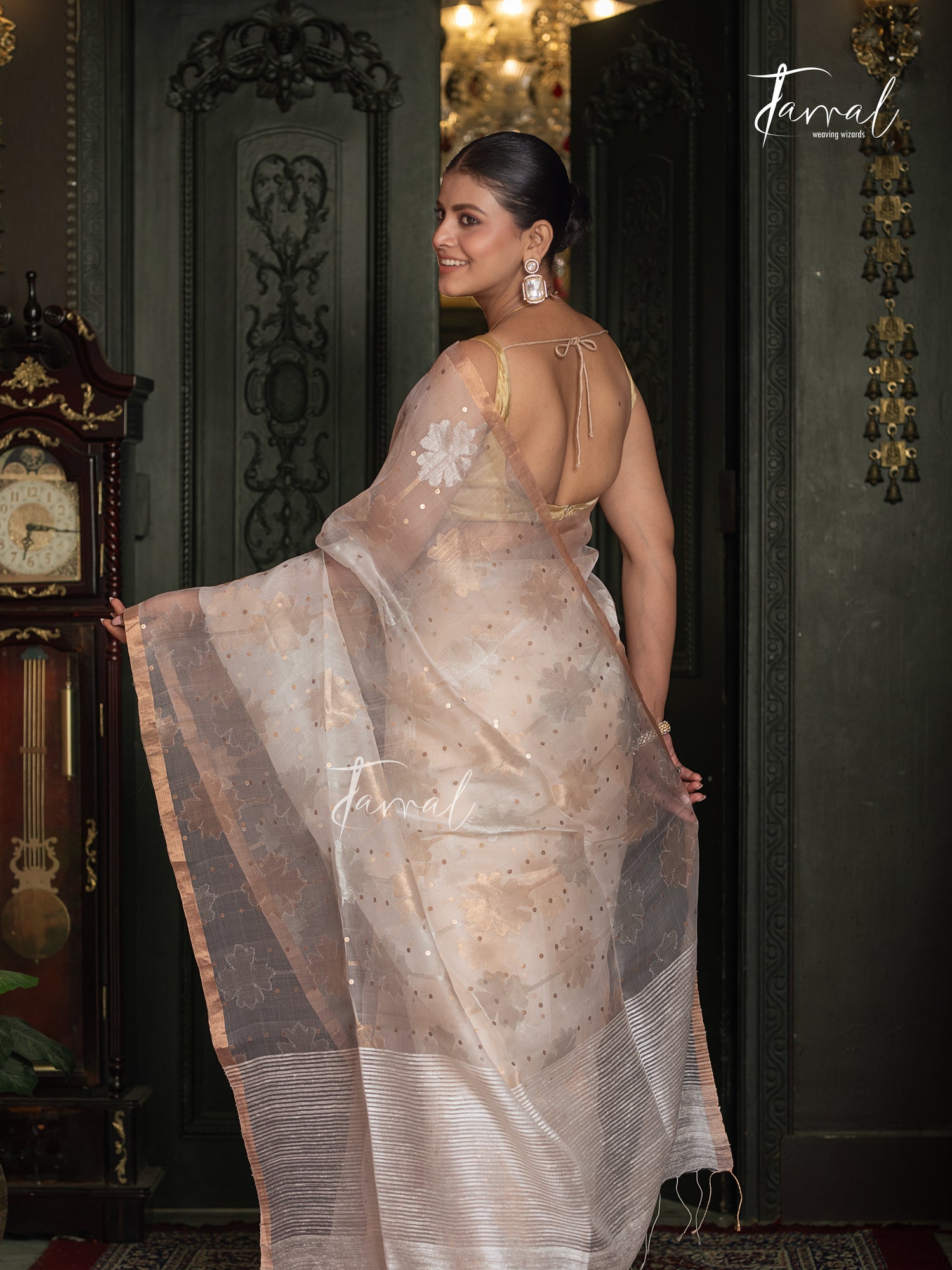 Offwhite Silver & Golden Floral Allover Sequins Handwoven Needlework Jamdani Saree