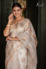 Offwhite Silver & Golden Floral Allover Sequins Handwoven Needlework Jamdani Saree