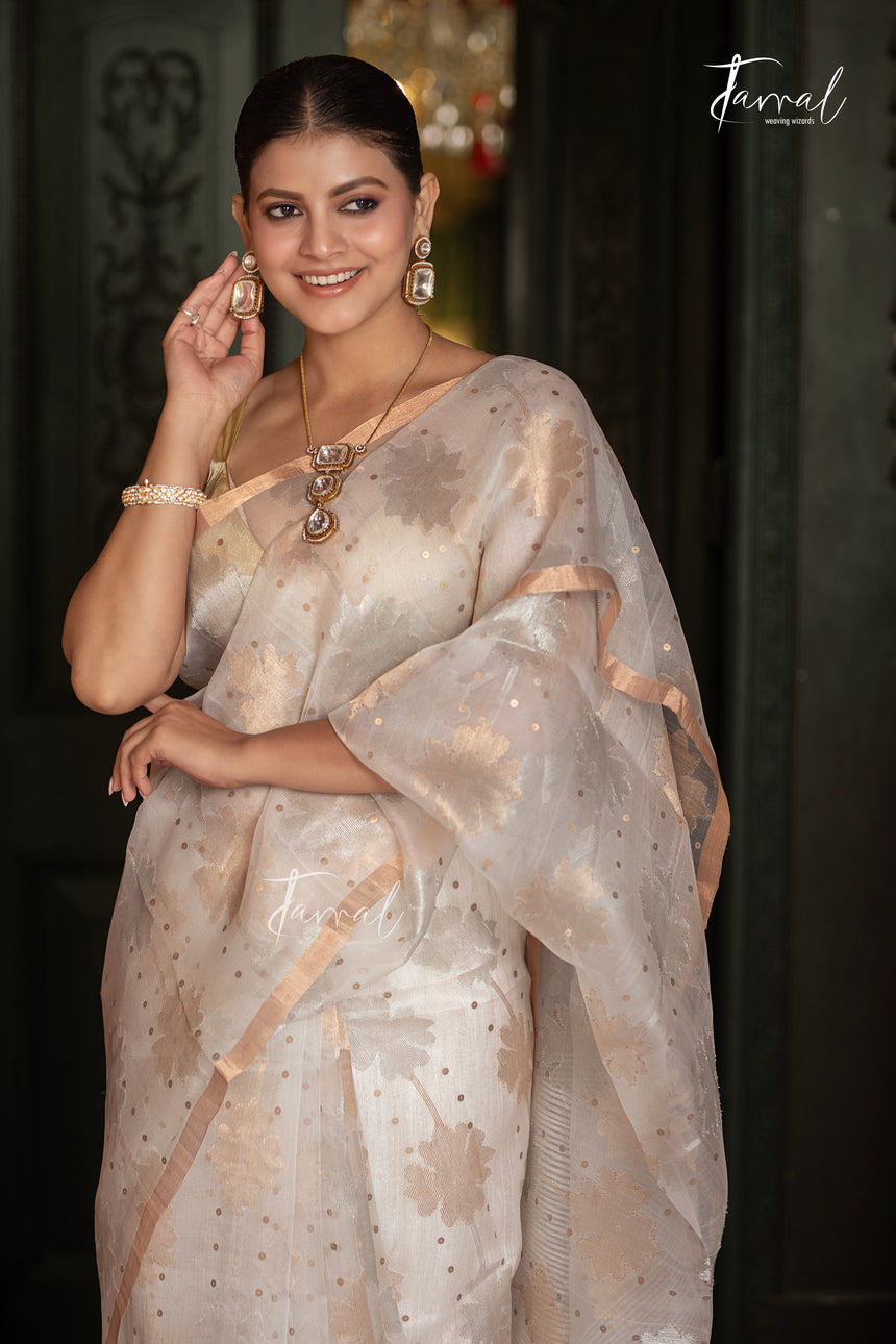 Offwhite Silver & Golden Floral Allover Sequins Handwoven Needlework Jamdani Saree
