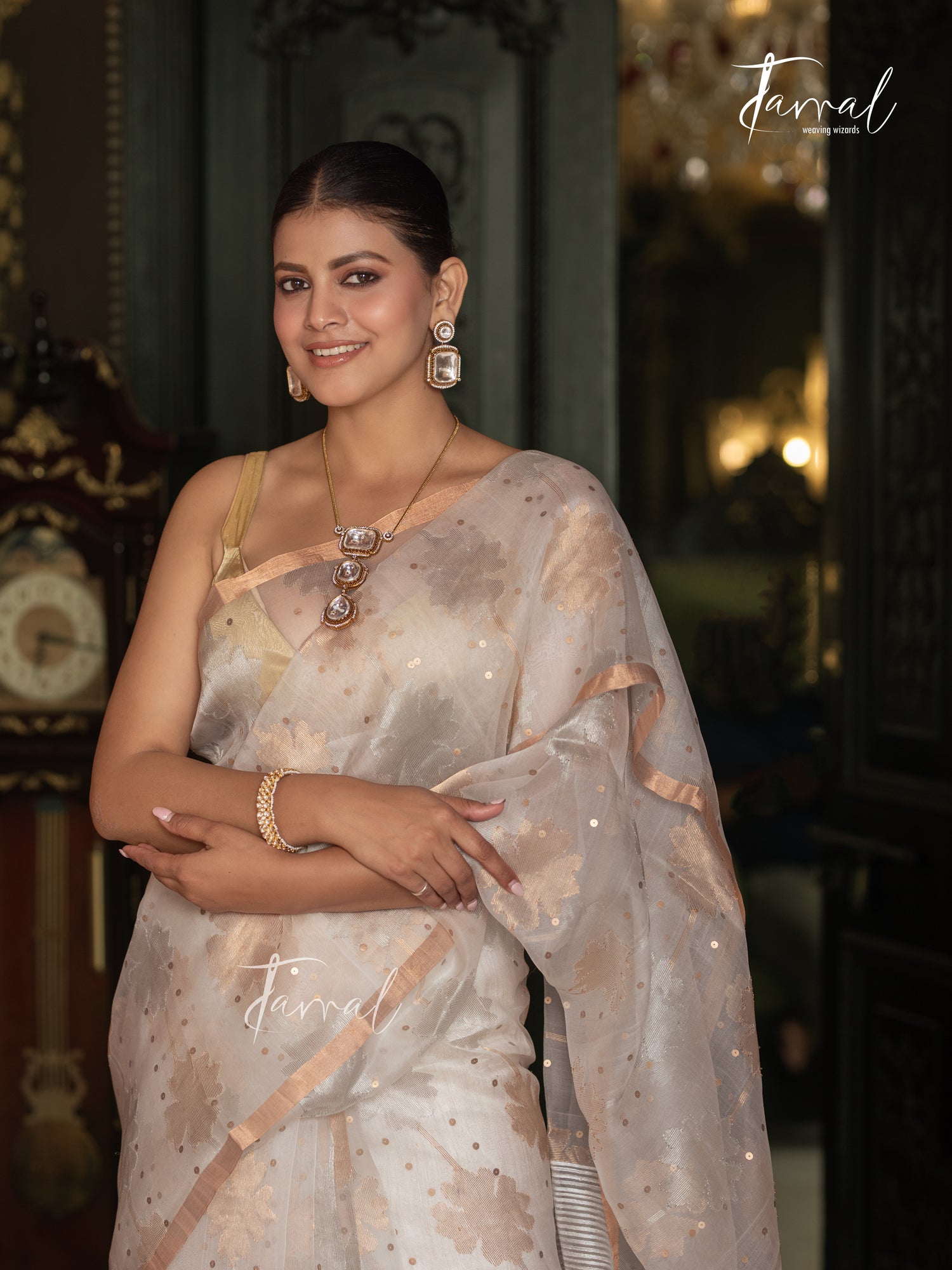 Offwhite Silver & Golden Floral Allover Sequins Handwoven Needlework Jamdani Saree