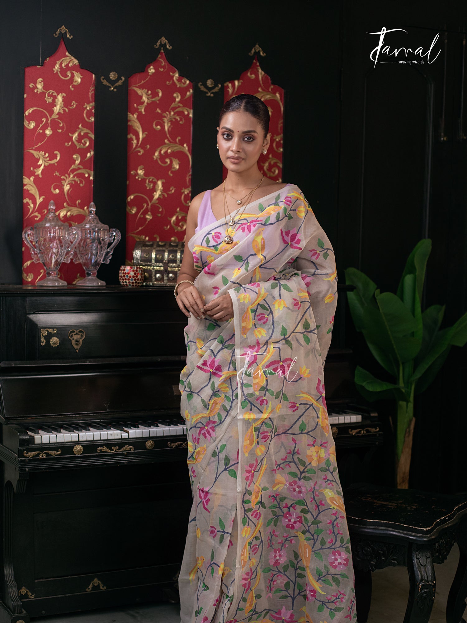 Offwhite With Multicolour Allover Pure Muslin Silk Handwoven Needlework Jamdani Saree