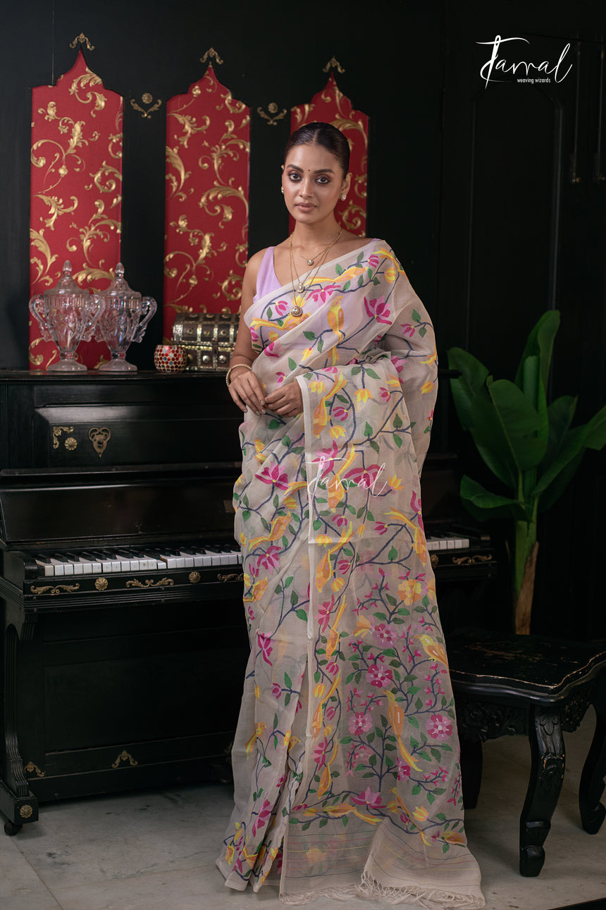 Offwhite With Multicolour Allover Pure Muslin Silk Handwoven Needlework Jamdani Saree