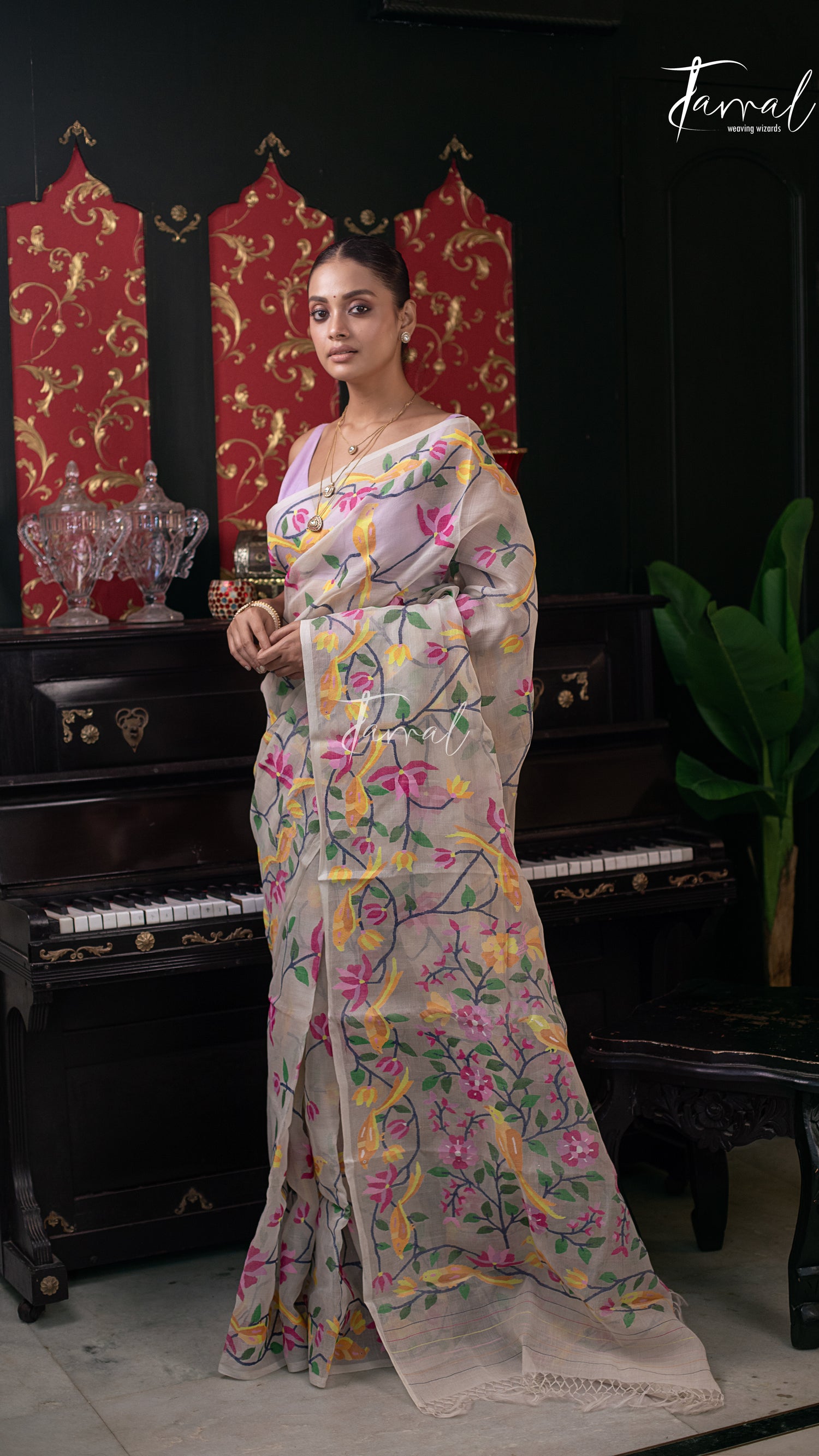 Offwhite With Multicolour Allover Pure Muslin Silk Handwoven Needlework Jamdani Saree