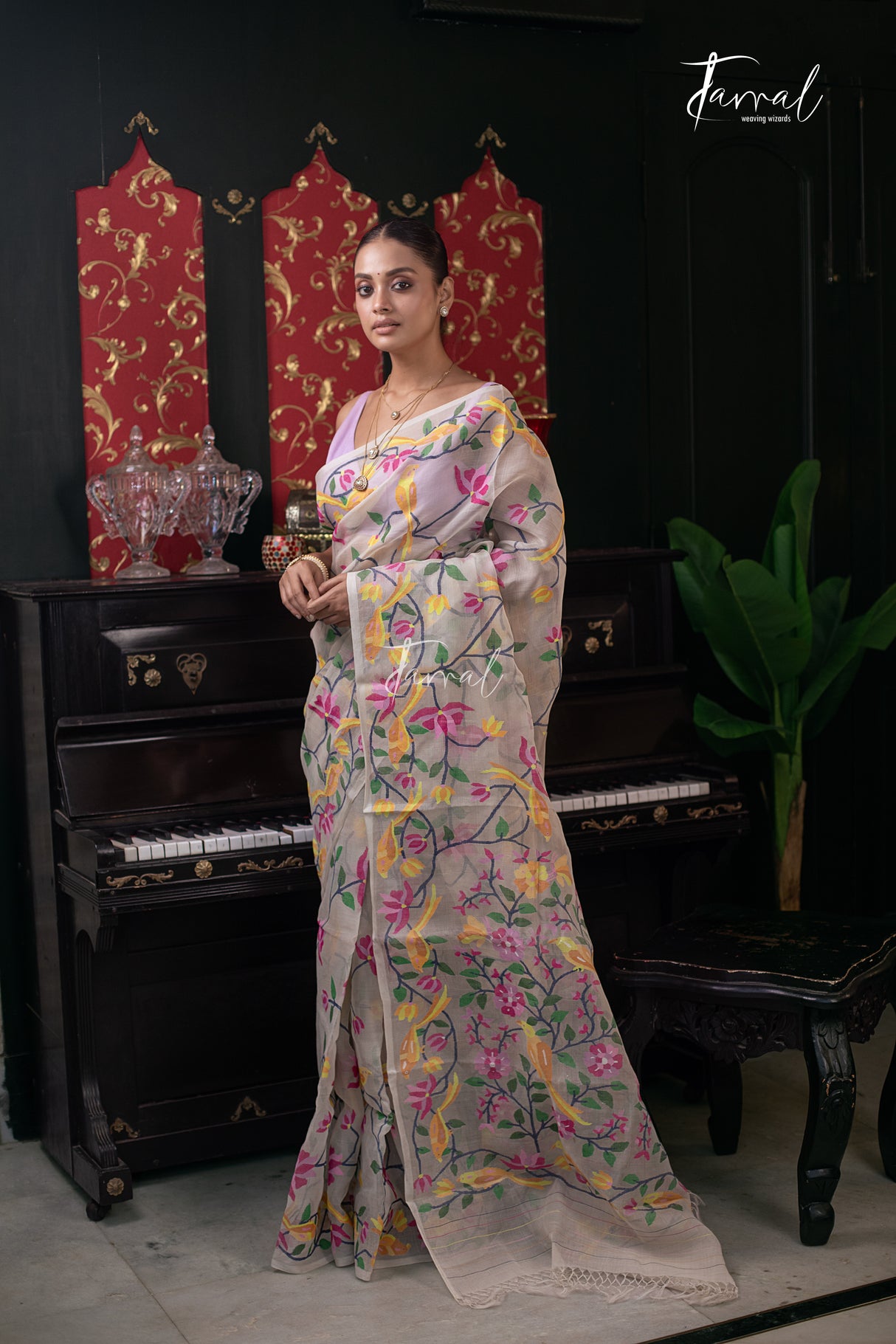 Offwhite With Multicolour Allover Pure Muslin Silk Handwoven Needlework Jamdani Saree