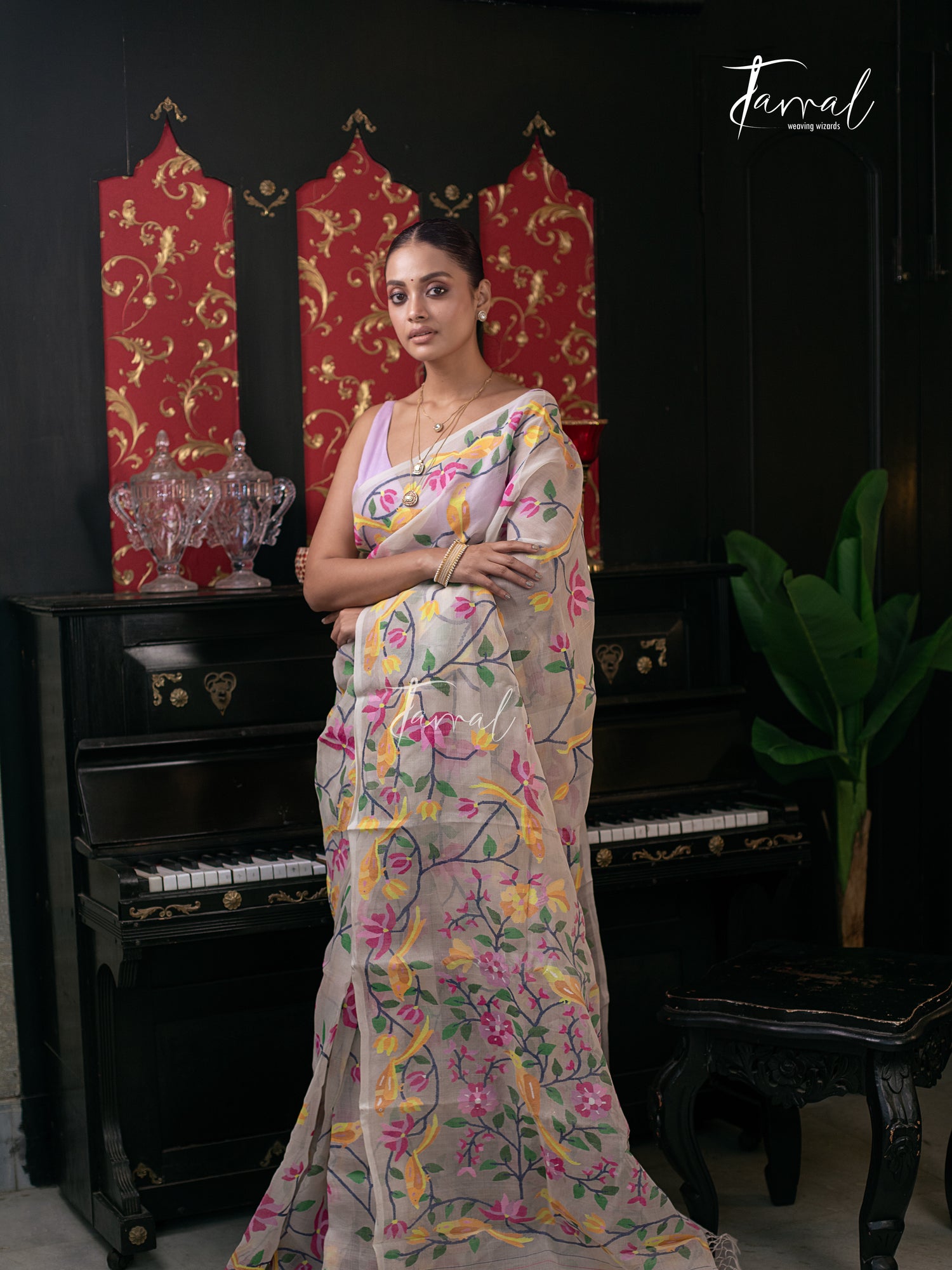 Offwhite With Multicolour Allover Pure Muslin Silk Handwoven Needlework Jamdani Saree