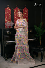 Offwhite With Multicolour Allover Pure Muslin Silk Handwoven Needlework Jamdani Saree