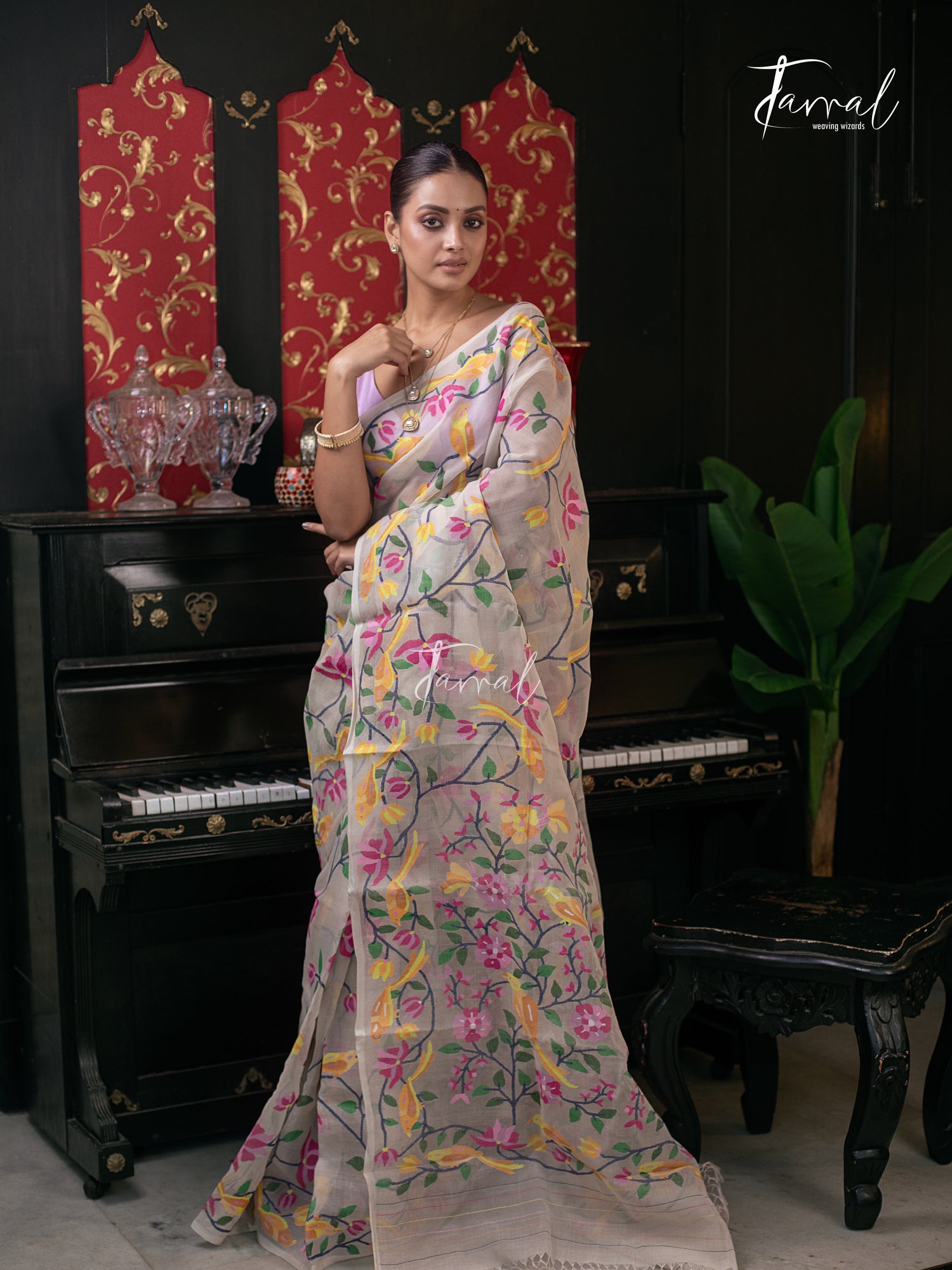 Offwhite With Multicolour Allover Pure Muslin Silk Handwoven Needlework Jamdani Saree