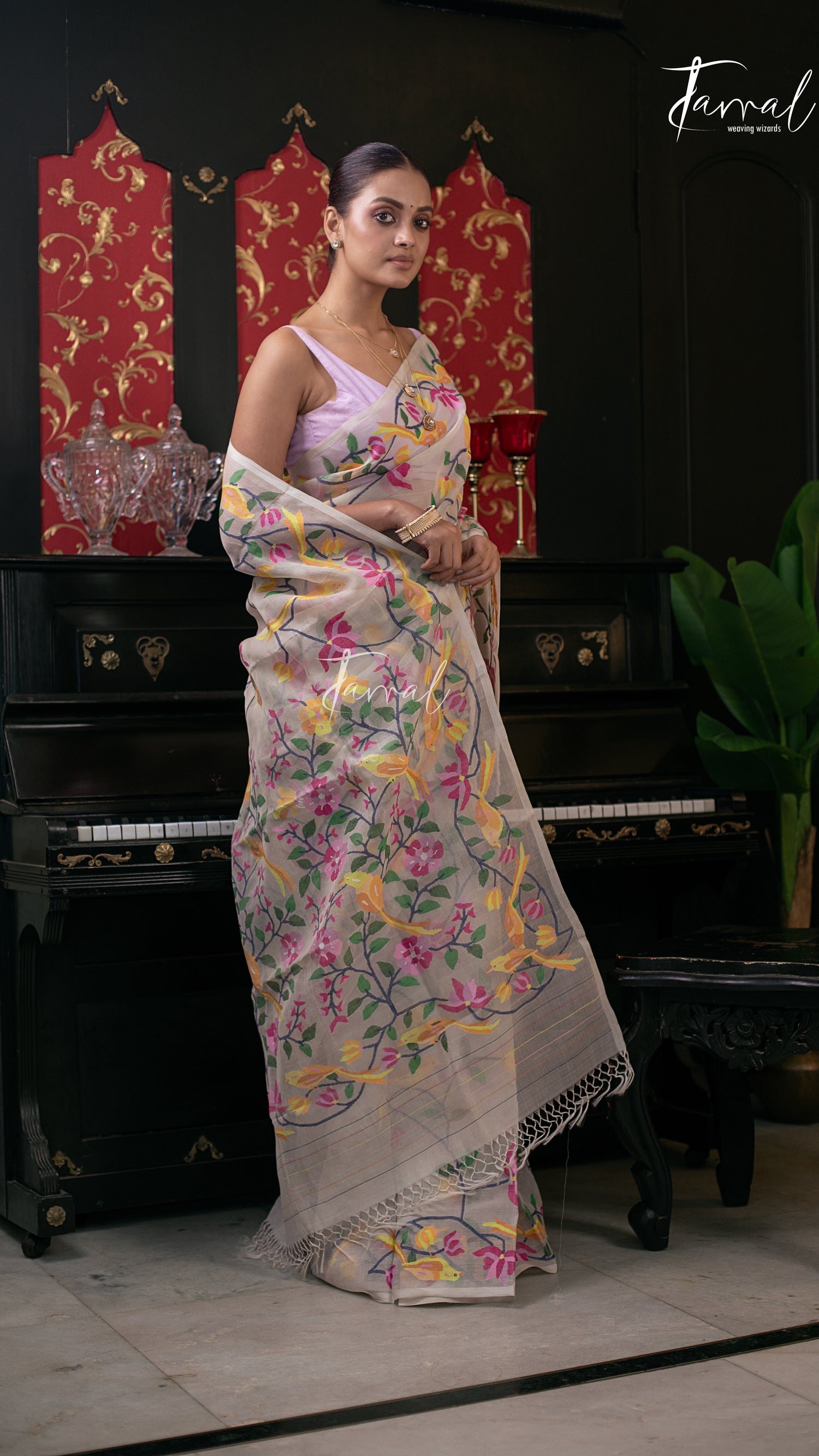 Offwhite With Multicolour Allover Pure Muslin Silk Handwoven Needlework Jamdani Saree