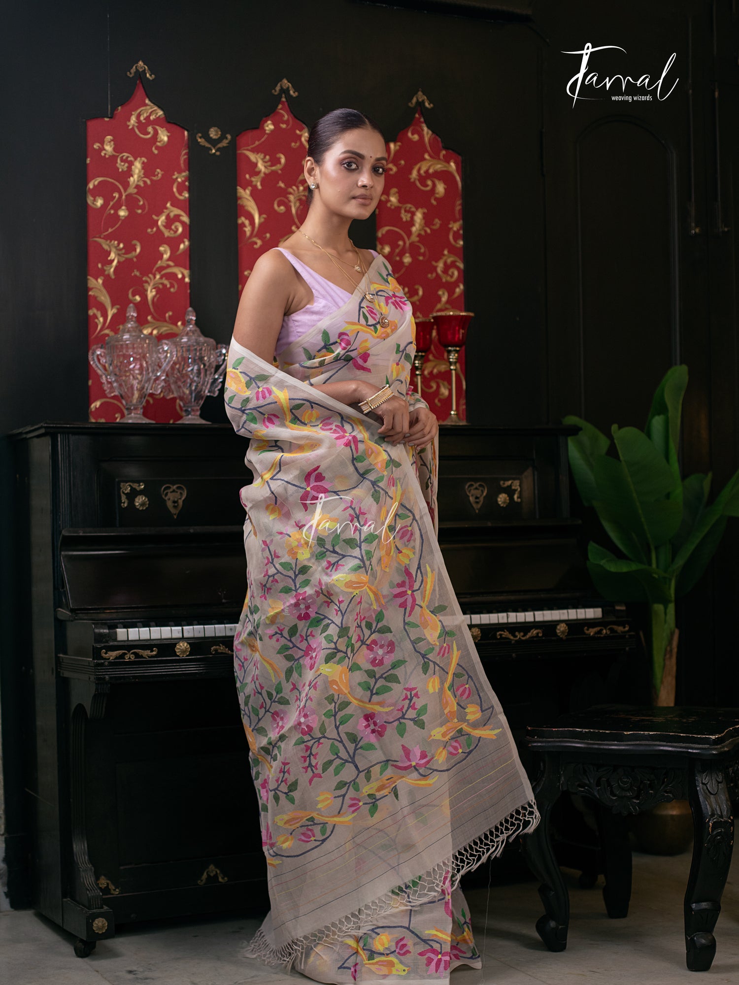 Offwhite With Multicolour Allover Pure Muslin Silk Handwoven Needlework Jamdani Saree