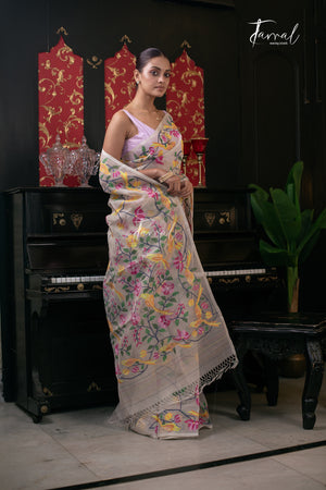 Offwhite With Multicolour Allover Pure Muslin Silk Handwoven Needlework Jamdani Saree