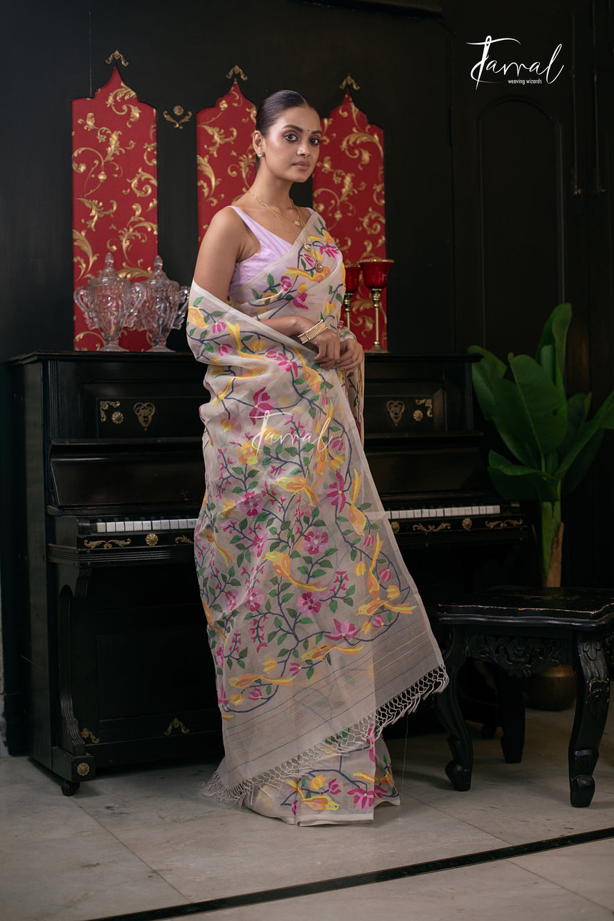 Offwhite With Multicolour Allover Pure Muslin Silk Handwoven Needlework Jamdani Saree