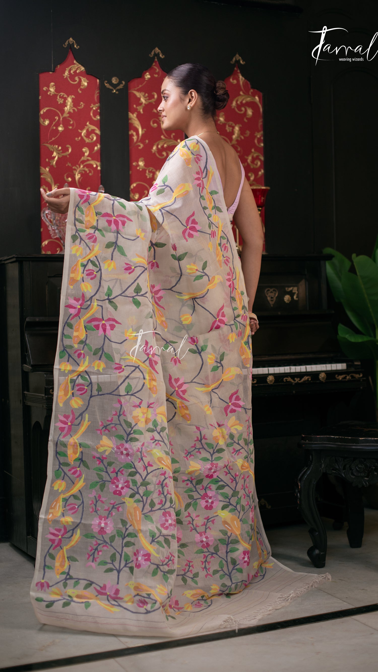 Offwhite With Multicolour Allover Pure Muslin Silk Handwoven Needlework Jamdani Saree