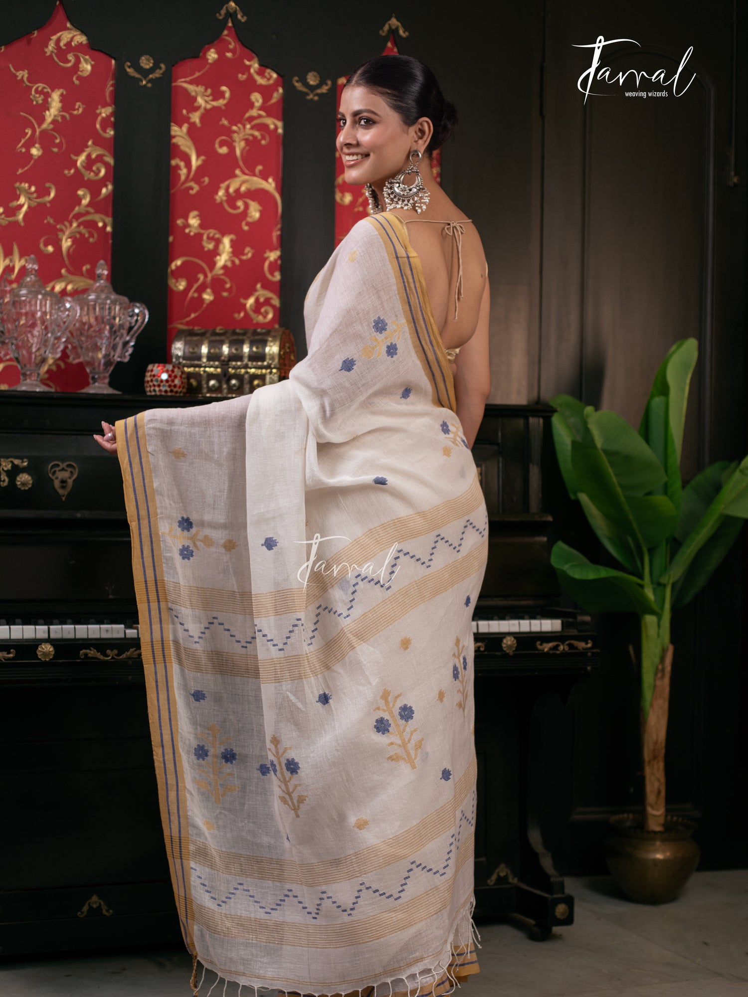 Offwhite With Yellow & Blue Linen Handwoven Jamadani Saree