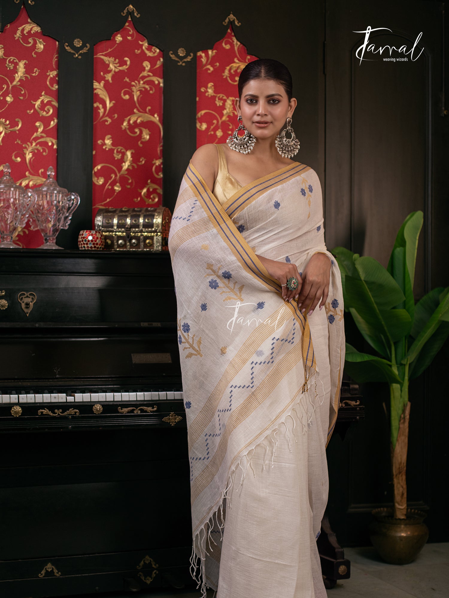 Offwhite With Yellow & Blue Linen Handwoven Jamadani Saree