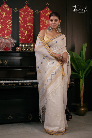 Offwhite With Yellow & Blue Linen Handwoven Jamadani Saree