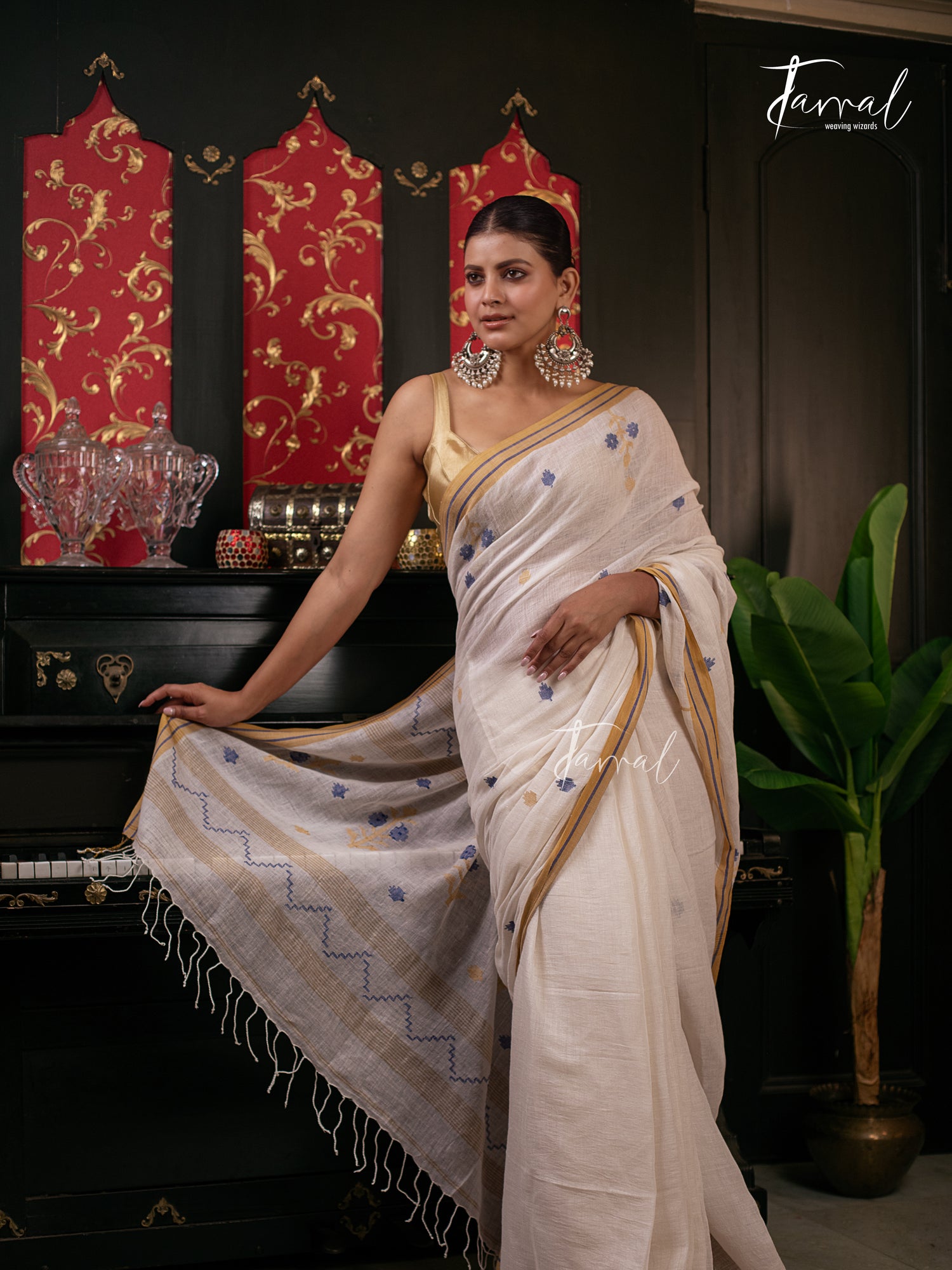 Offwhite With Yellow & Blue Linen Handwoven Jamadani Saree