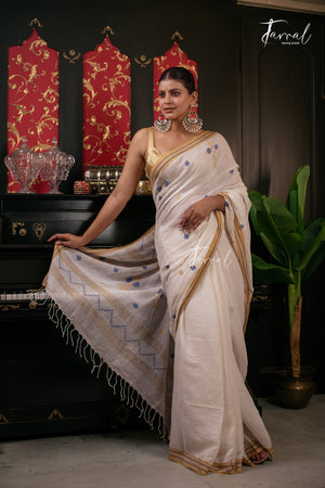 Offwhite With Yellow & Blue Linen Handwoven Jamadani Saree