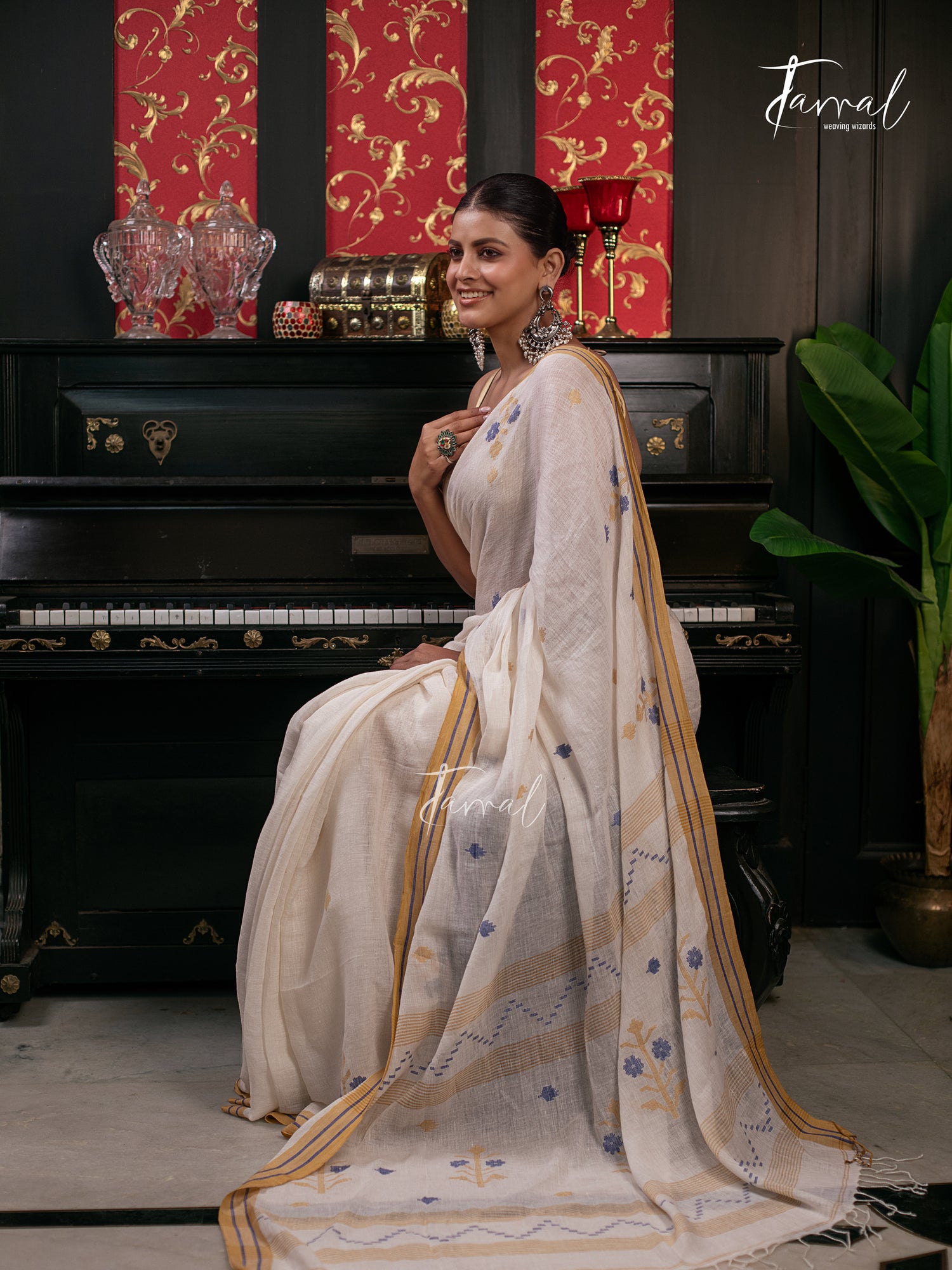 Offwhite With Yellow & Blue Linen Handwoven Jamadani Saree