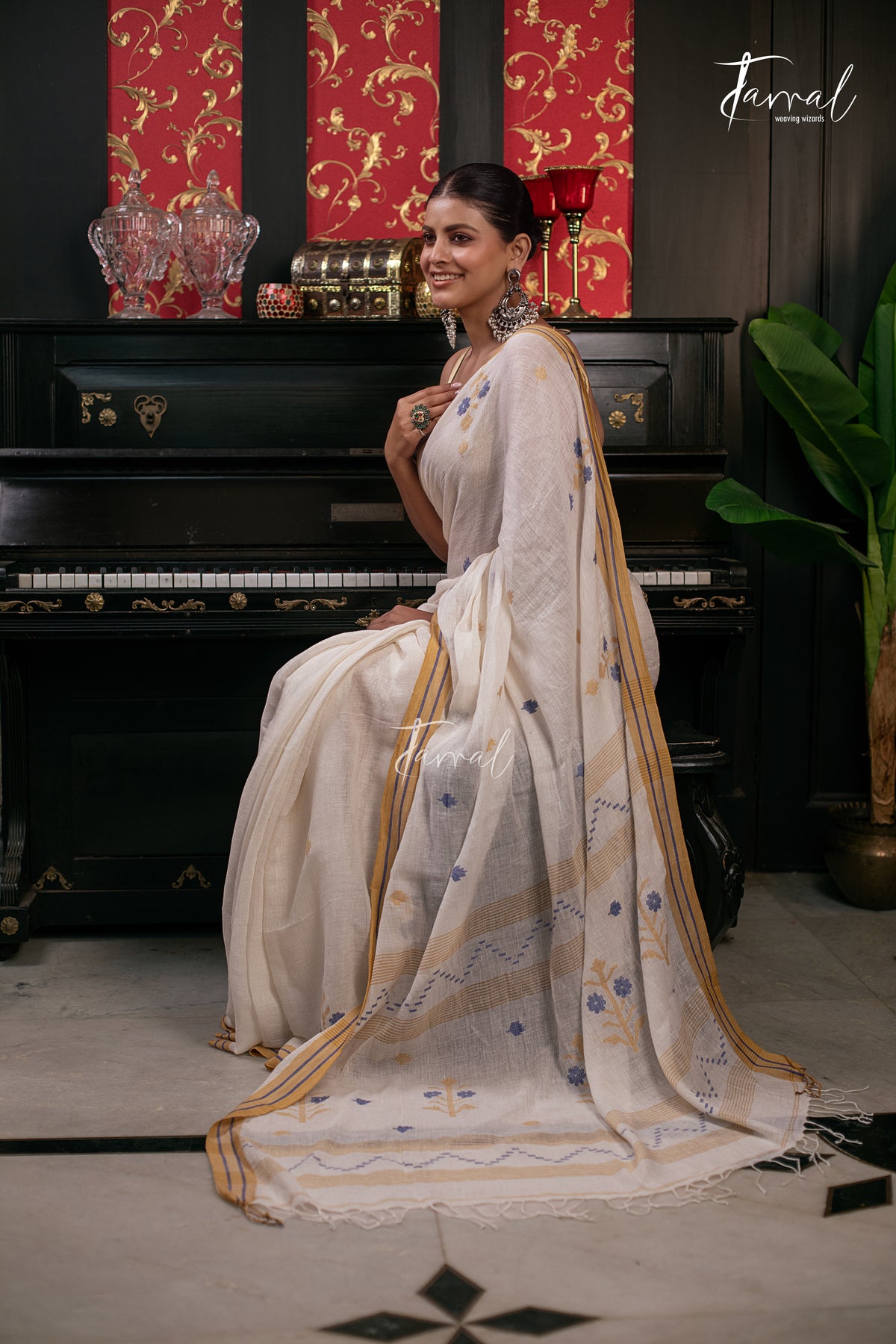 Offwhite With Yellow & Blue Linen Handwoven Jamadani Saree