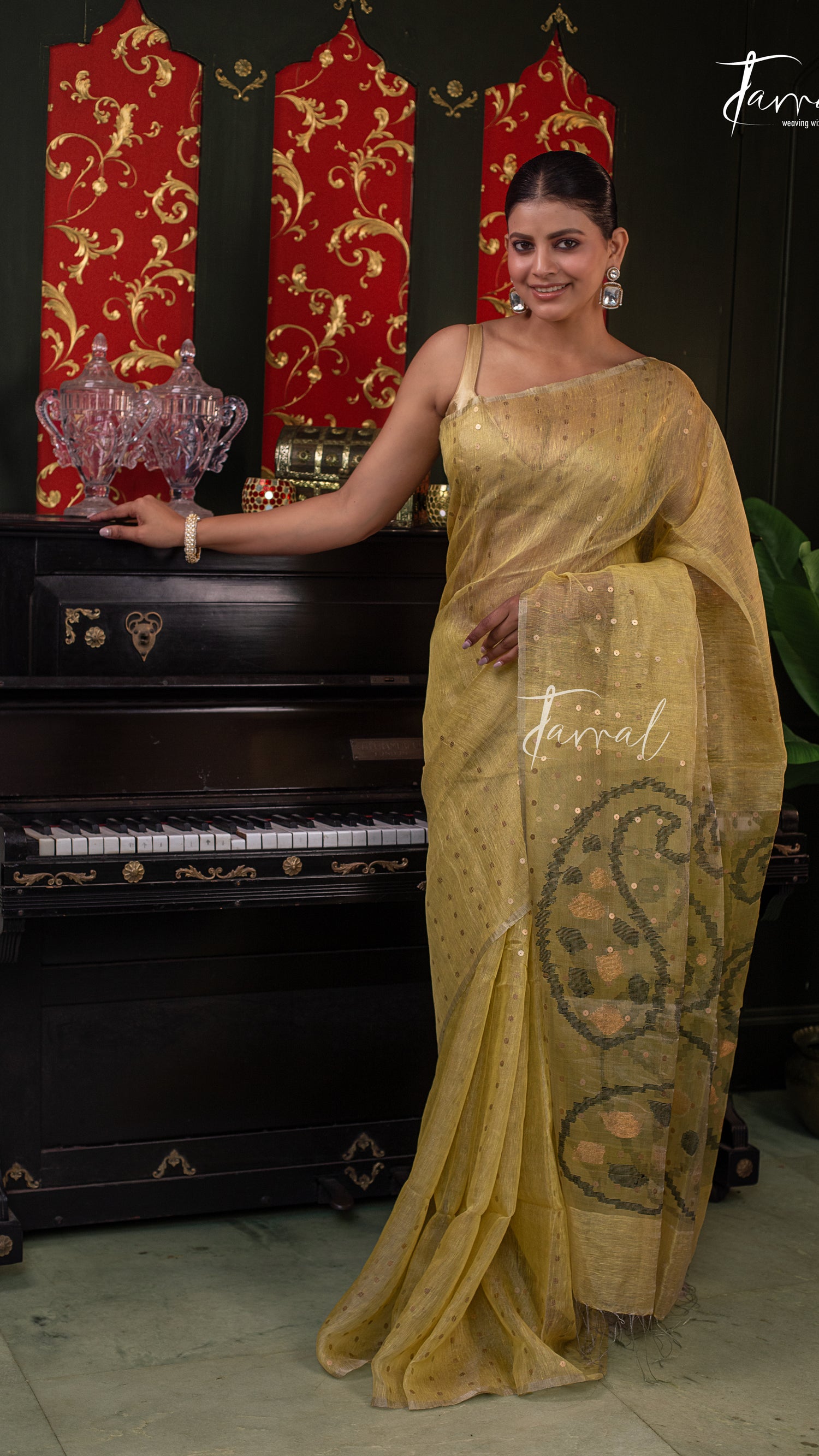 Olive Yellow With Sequins Work Tissue Silk Linen Handwoven Jamdani Saree