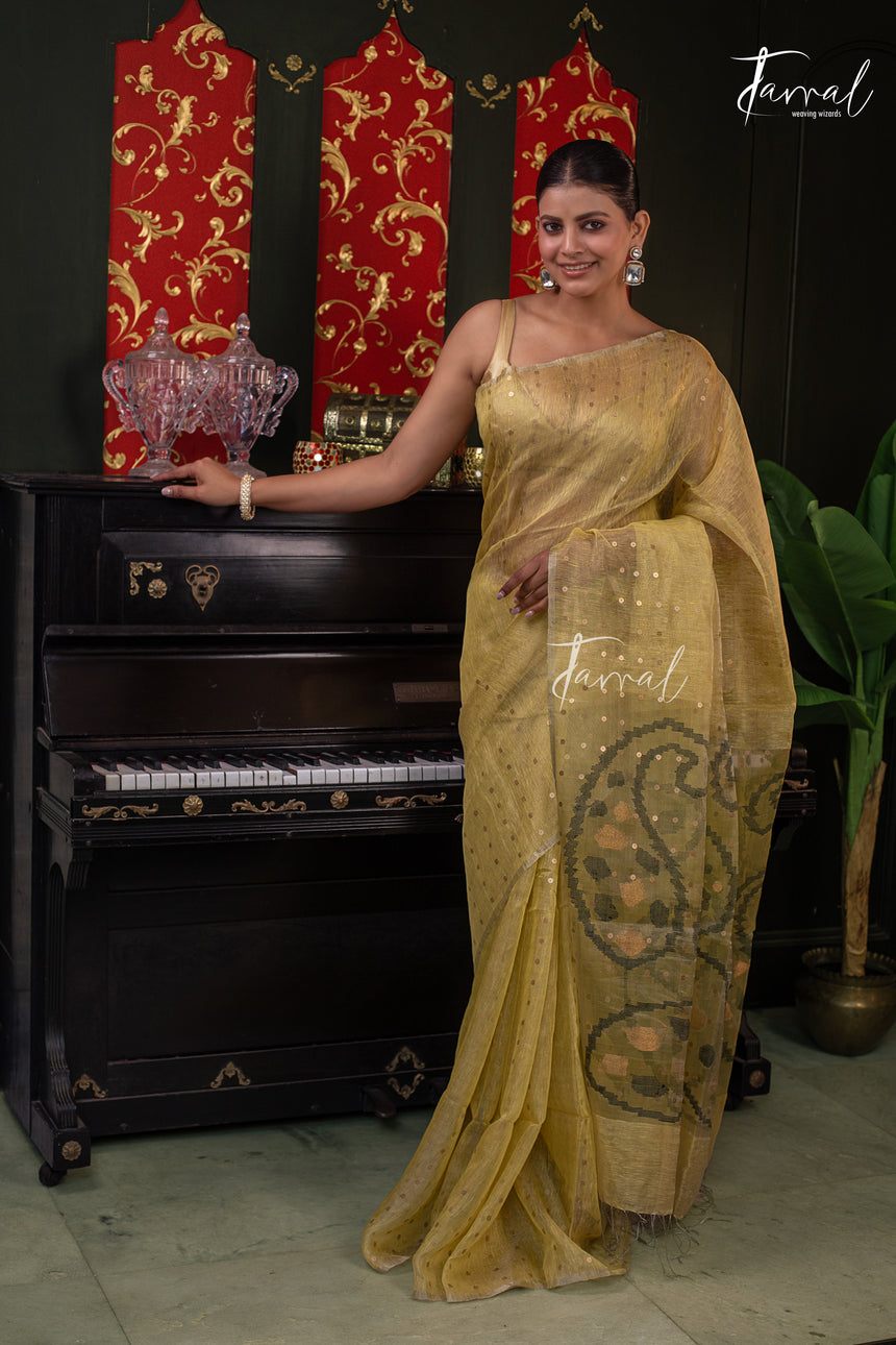 Olive Yellow With Sequins Work Tissue Silk Linen Handwoven Jamdani Saree