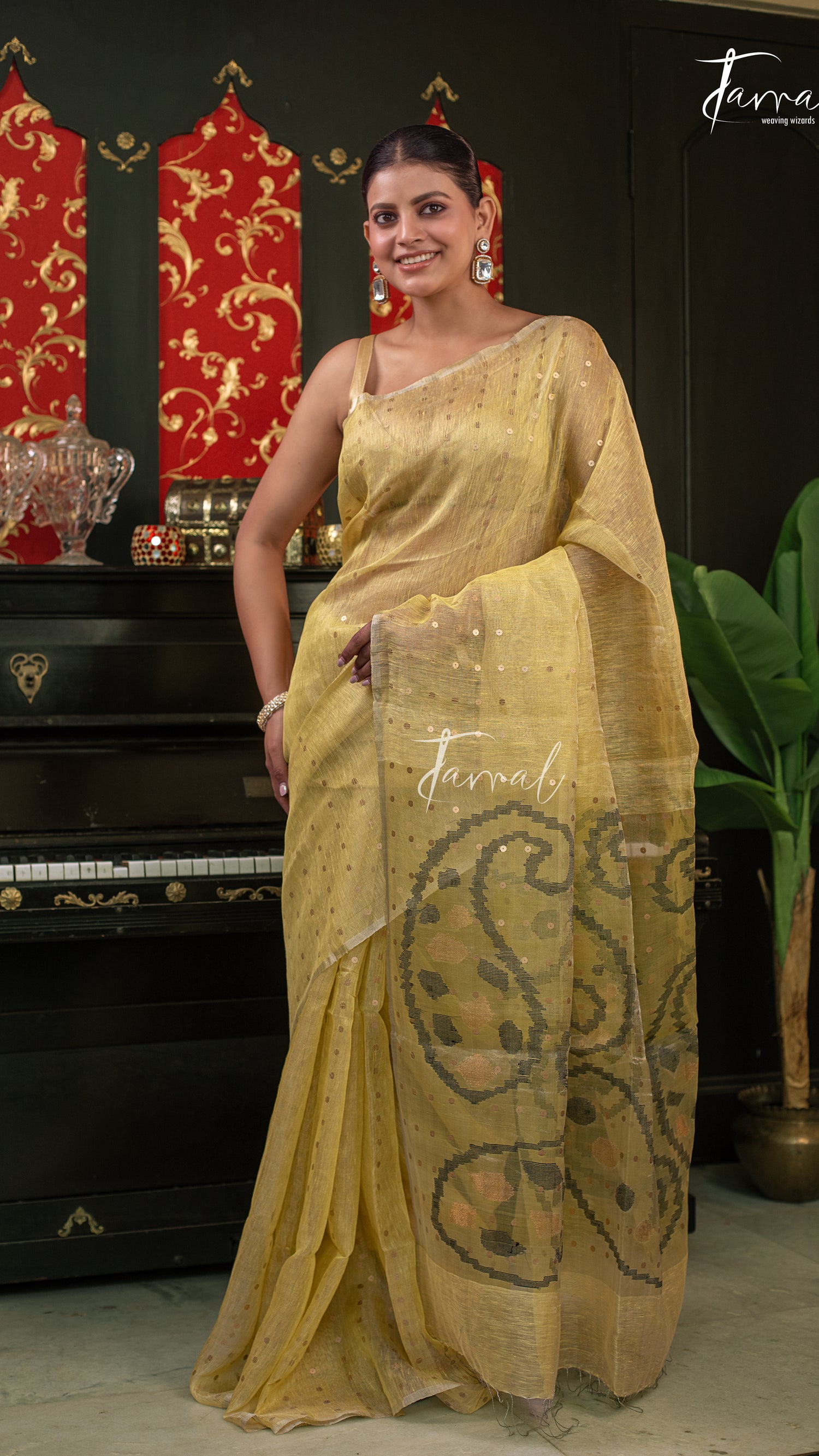 Olive Yellow With Sequins Work Tissue Silk Linen Handwoven Jamdani Saree