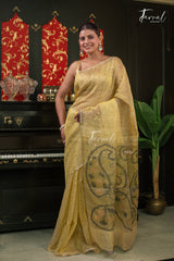 Olive Yellow With Sequins Work Tissue Silk Linen Handwoven Jamdani Saree