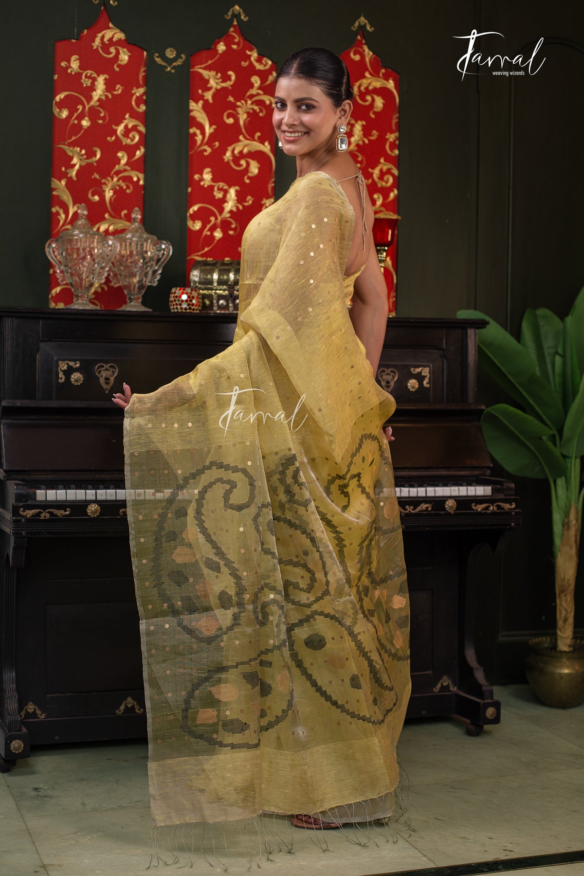 Olive Yellow With Sequins Work Tissue Silk Linen Handwoven Jamdani Saree