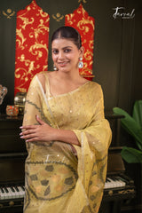 Olive Yellow With Sequins Work Tissue Silk Linen Handwoven Jamdani Saree