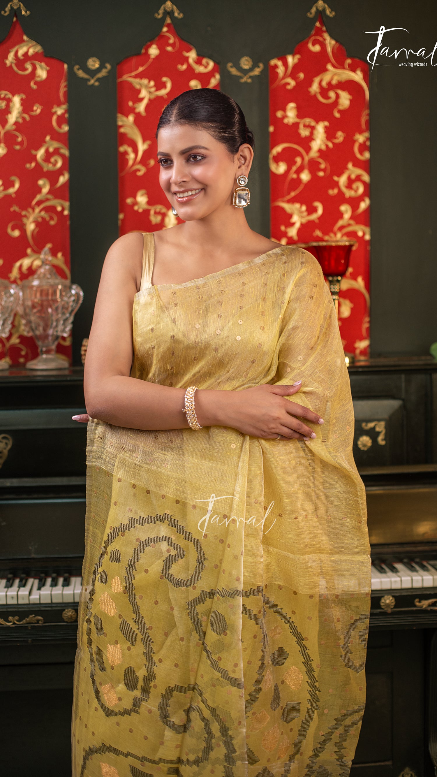 Olive Yellow With Sequins Work Tissue Silk Linen Handwoven Jamdani Saree