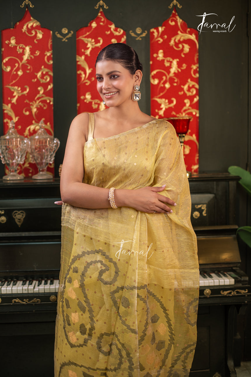 Olive Yellow With Sequins Work Tissue Silk Linen Handwoven Jamdani Saree