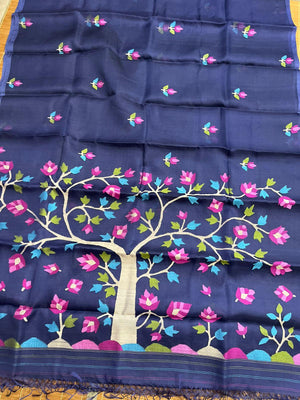 Indigo with tree pallu muslin silk handwoven jamdani saree - Tamal Boutique