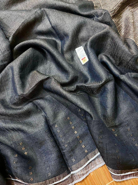 Charcoal Black noil tussar zari silk handloom border sequins Saree - Tamal Boutique