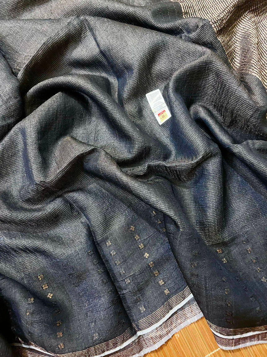 Charcoal Black noil tussar zari silk handloom border sequins Saree - Tamal Boutique