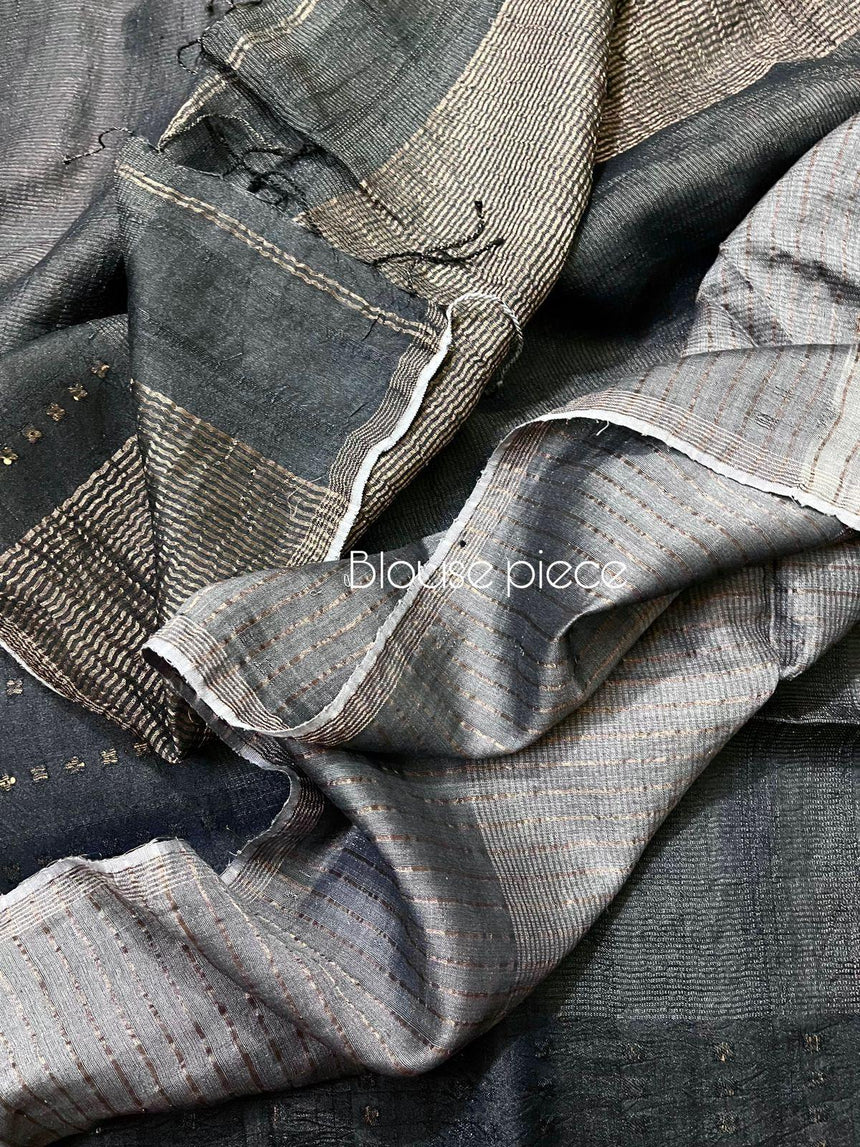 Charcoal Black noil tussar zari silk handloom border sequins Saree - Tamal Boutique