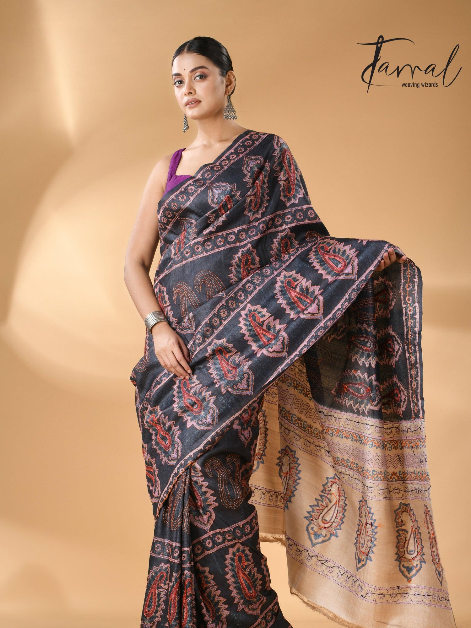 Charcoal black handwoven Tussar batik silk Kantha work saree