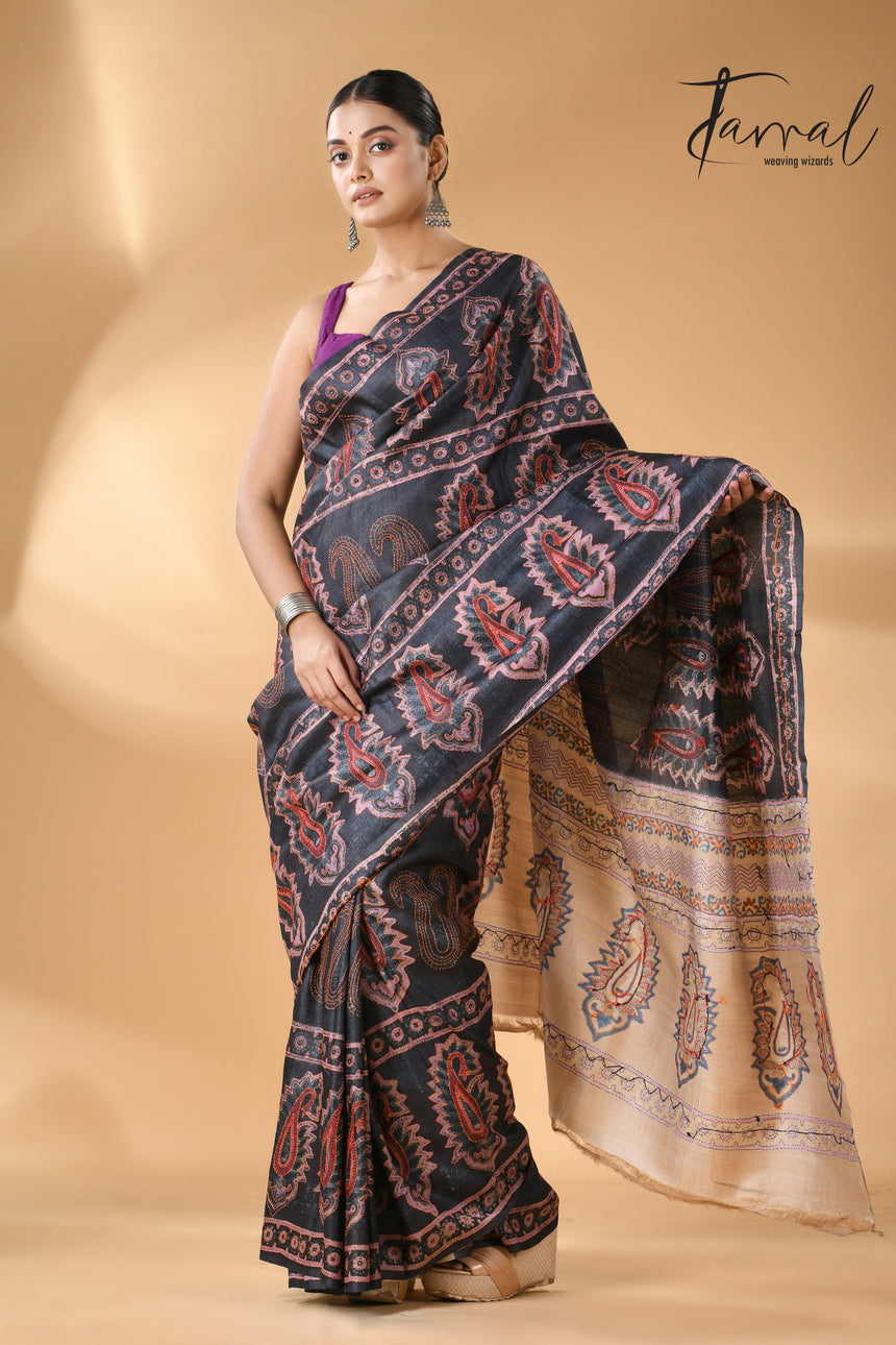 Charcoal black handwoven Tussar batik silk Kantha work saree