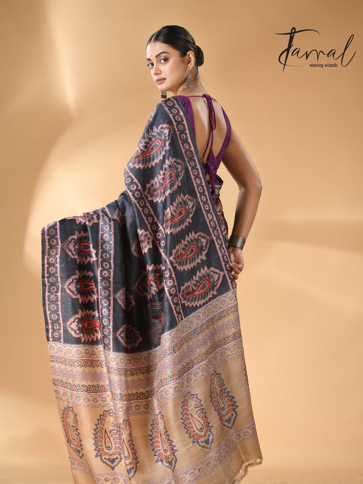 Charcoal black handwoven Tussar batik silk Kantha work saree back